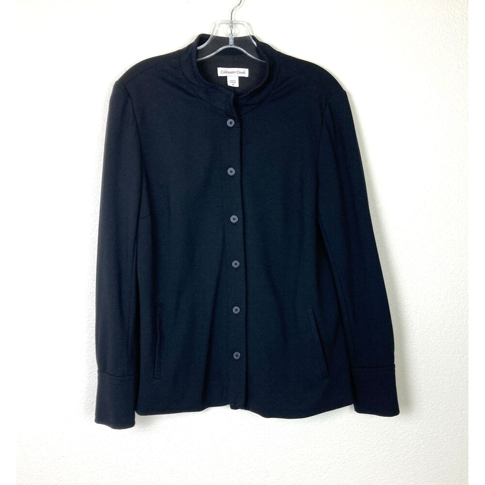 Coldwater Creek Women's Button Up Jacket Size 10 Black Ponte Knit Tab Collar